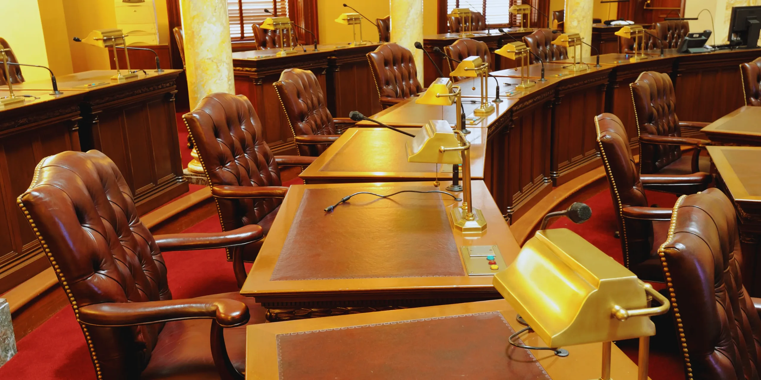 Prázdný senát s koženými křesly.
