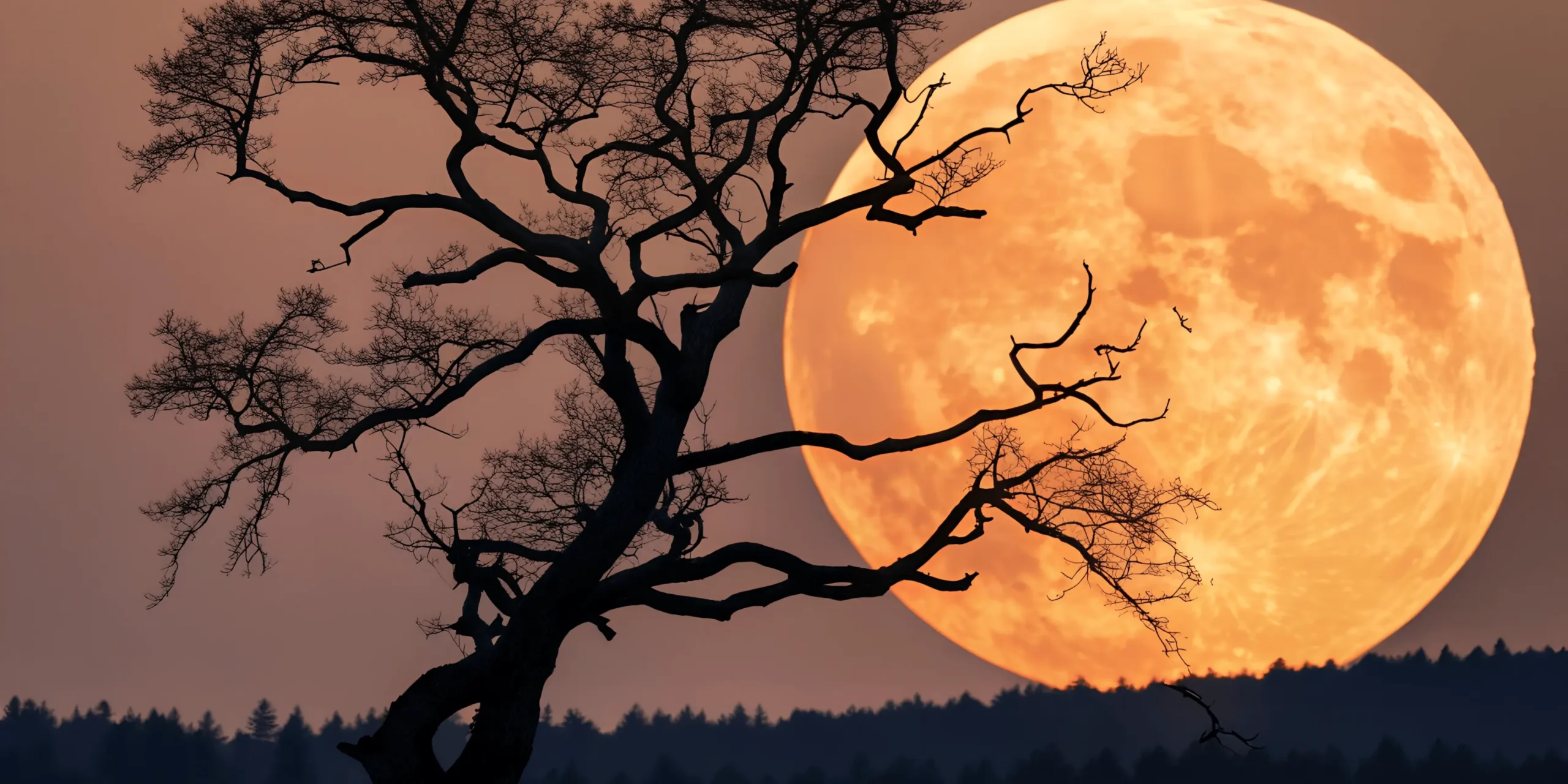 Měsíc za stromy při západu slunce