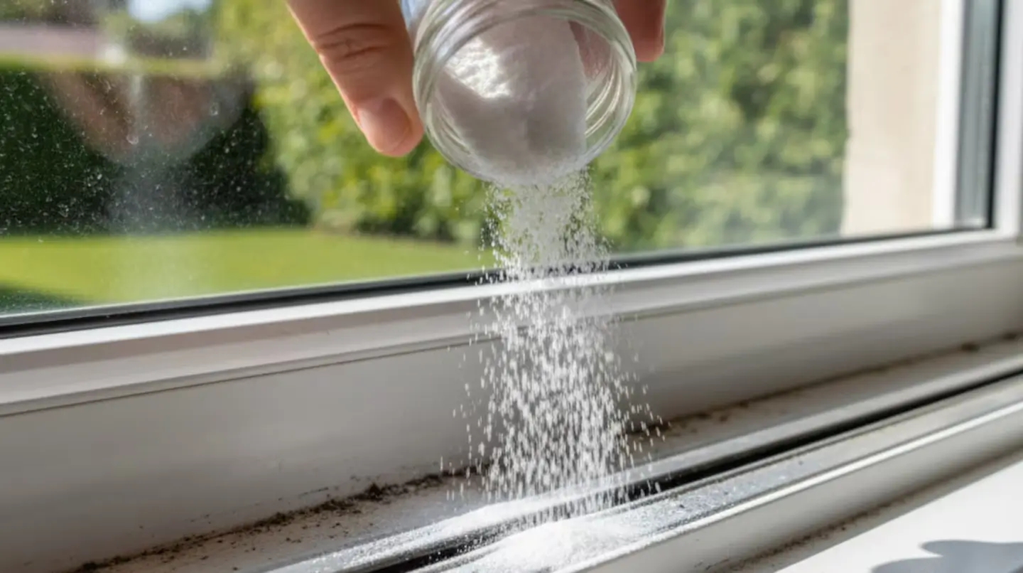 Použití jedlé sody na okenních kolejnicích.